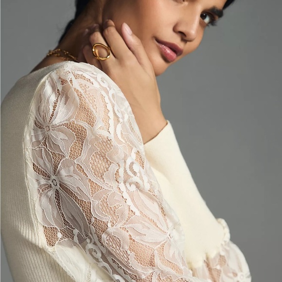 Anthropologie Ivory Lace Sleeve Sweater - Picture 2 of 11